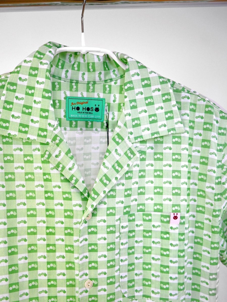 "Caterpillar Gingham" Button-Up Shirt (One-Off). Design by HO HOS HOLE IN THE WALL