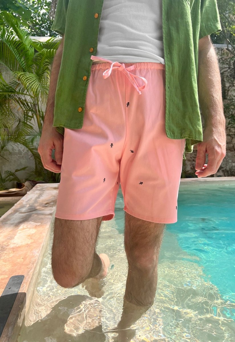 HO HOS HOLE IN THE WALL brand Custom print "Ants on Your Pants" pull-on shorts in Pink Lemonade dye colorway